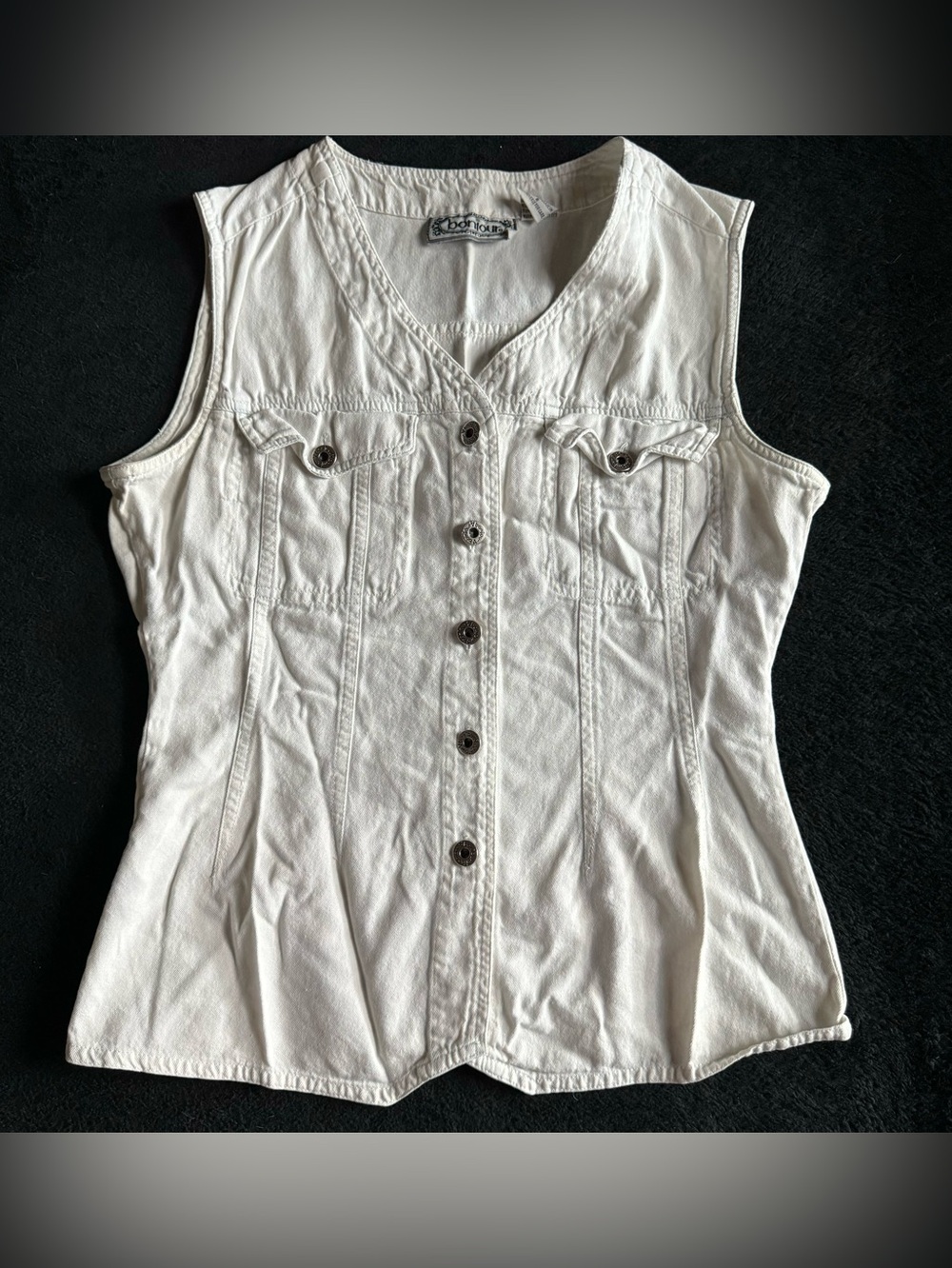 Vintage 80s Bonjour Sleeveless Button-Front White Denim Top